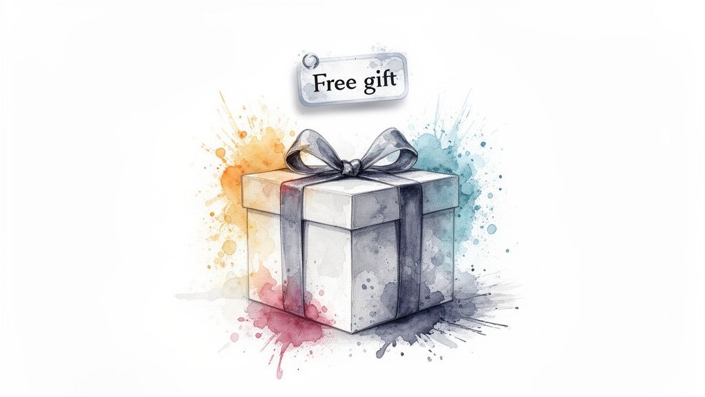 A gift box with a grey ribbon and 