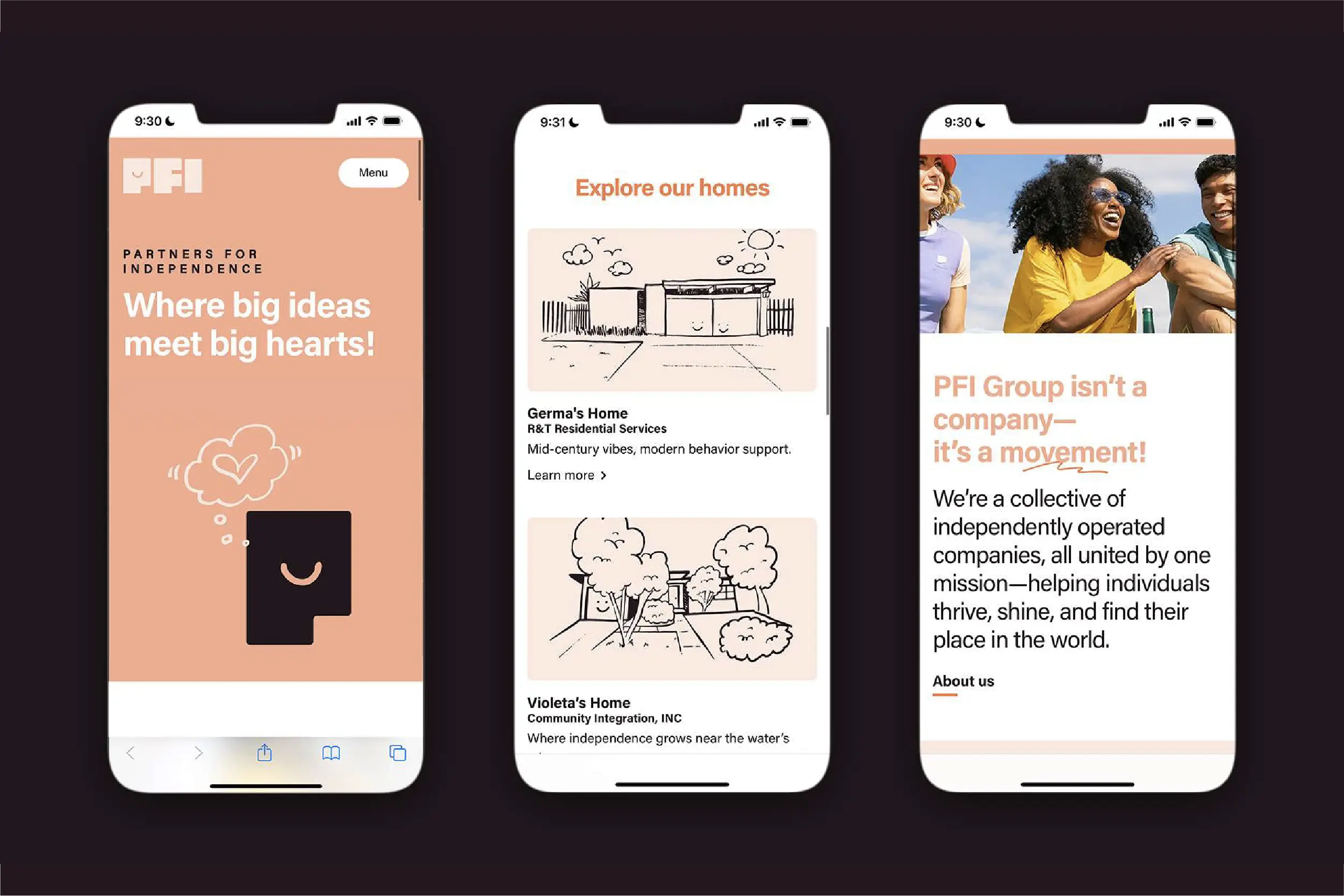 Partners for Independence mobile website mockups showcasing responsive design and layout.