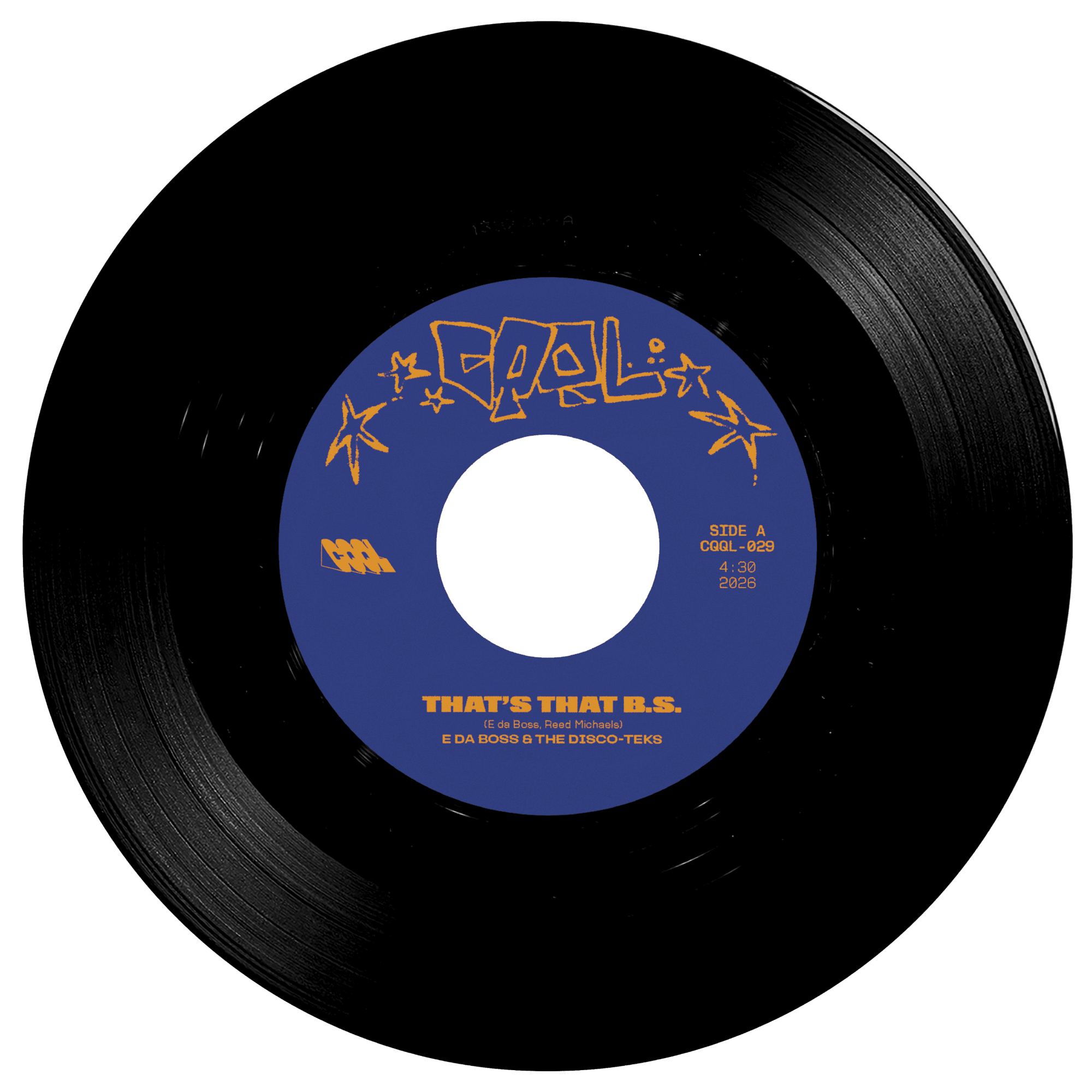 Black vinyl record with blue label on a white background
