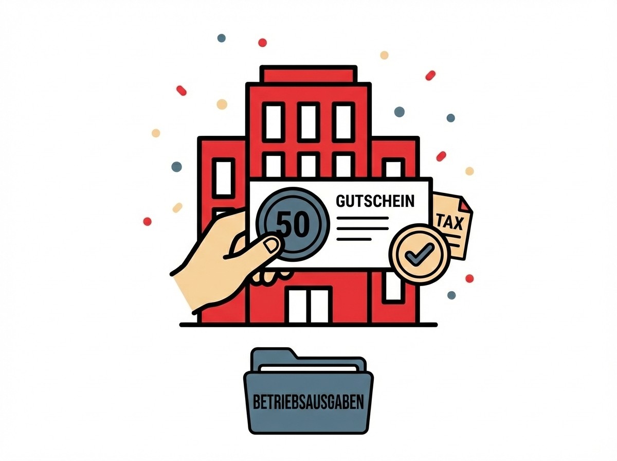 Grafik: Hand hält 50€-Gutschein vor rotes Gebäude, daneben Tax-Symbol mit Haken. Unten ein Ordner "Betriebsausgaben".