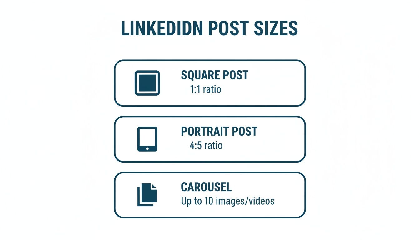Infographic displaying LinkedIn post sizes: square (1:1 ratio), portrait (4:5 ratio), and carousel (up to 10 images/videos).