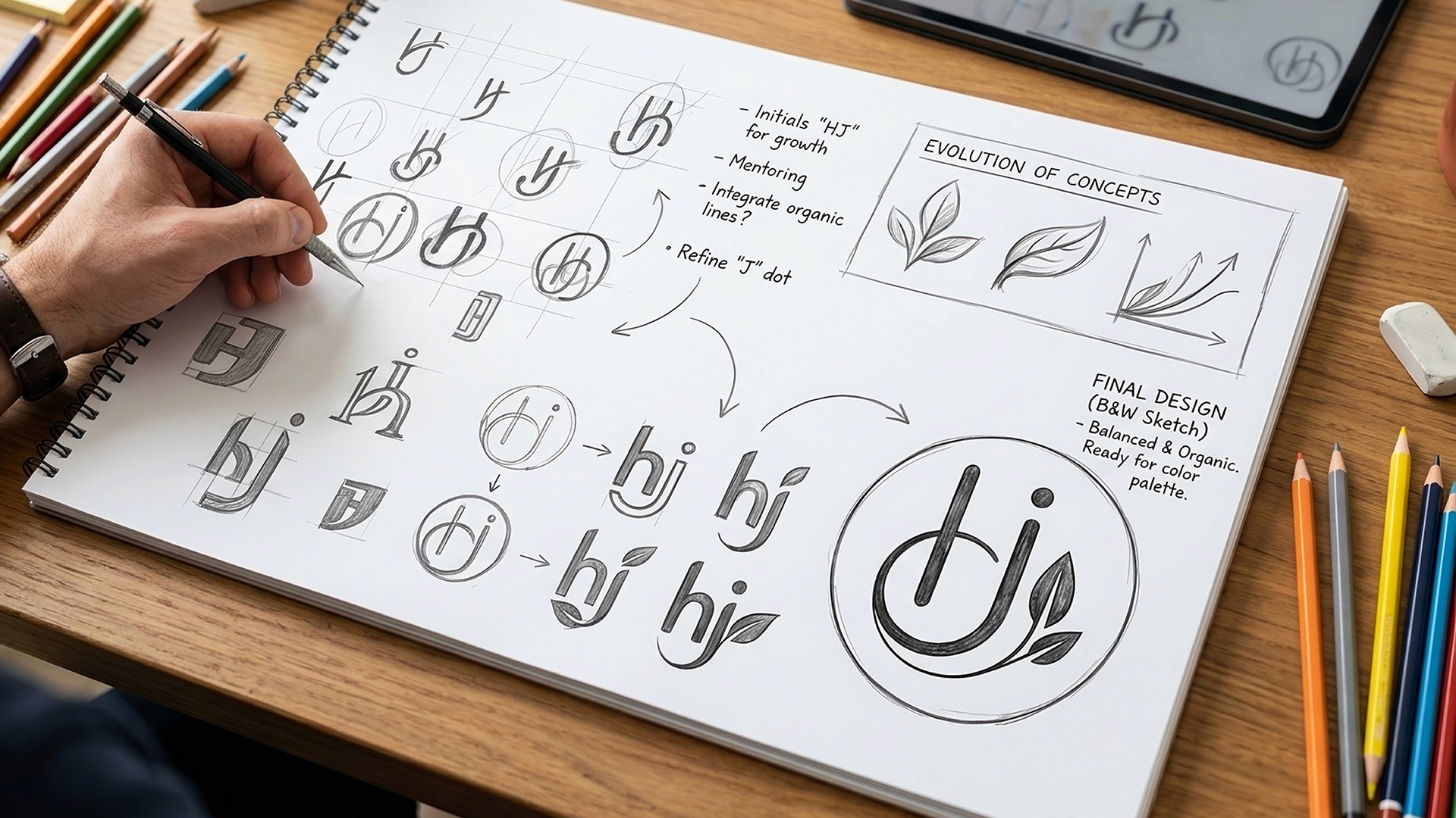 Dr. Howie Jacobson logo development sketches and concept exploration by Huw Mathias.