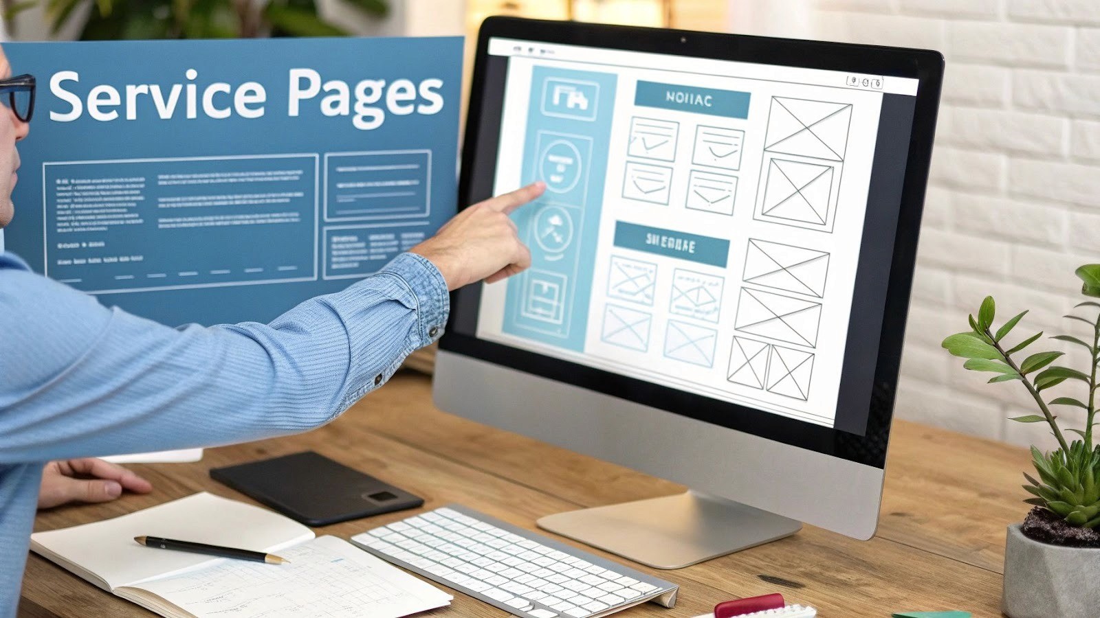 A person pointing at a computer screen showing website wireframes for 'Service Pages' design.