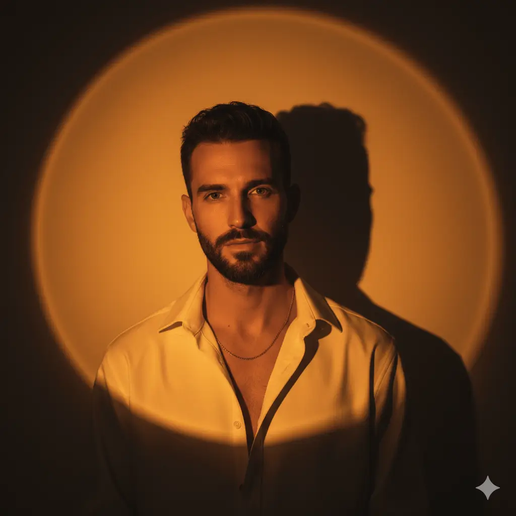 Portrait of a bearded man wearing a white unbuttoned shirt, illuminated by a warm, circular sunset-style spotlight creating a halo effect on the wall behind him.