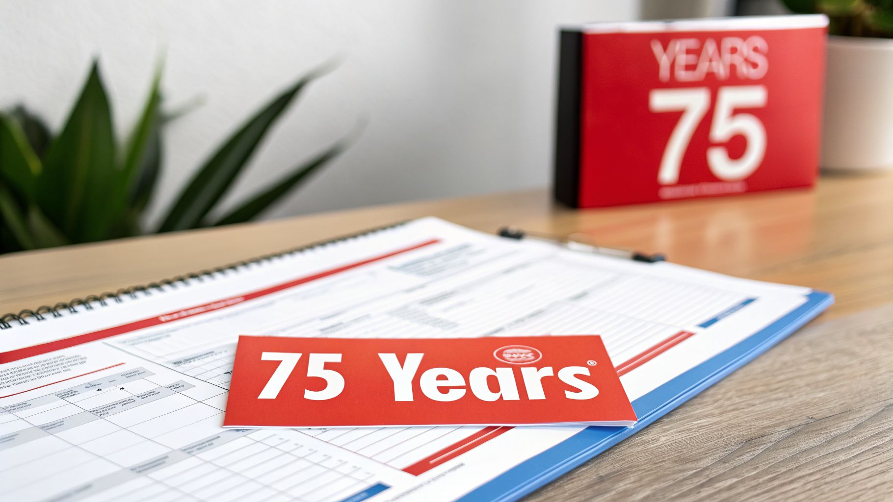 Desk with documents, a '75 Years' card, and a matching red box, symbolizing a milestone.