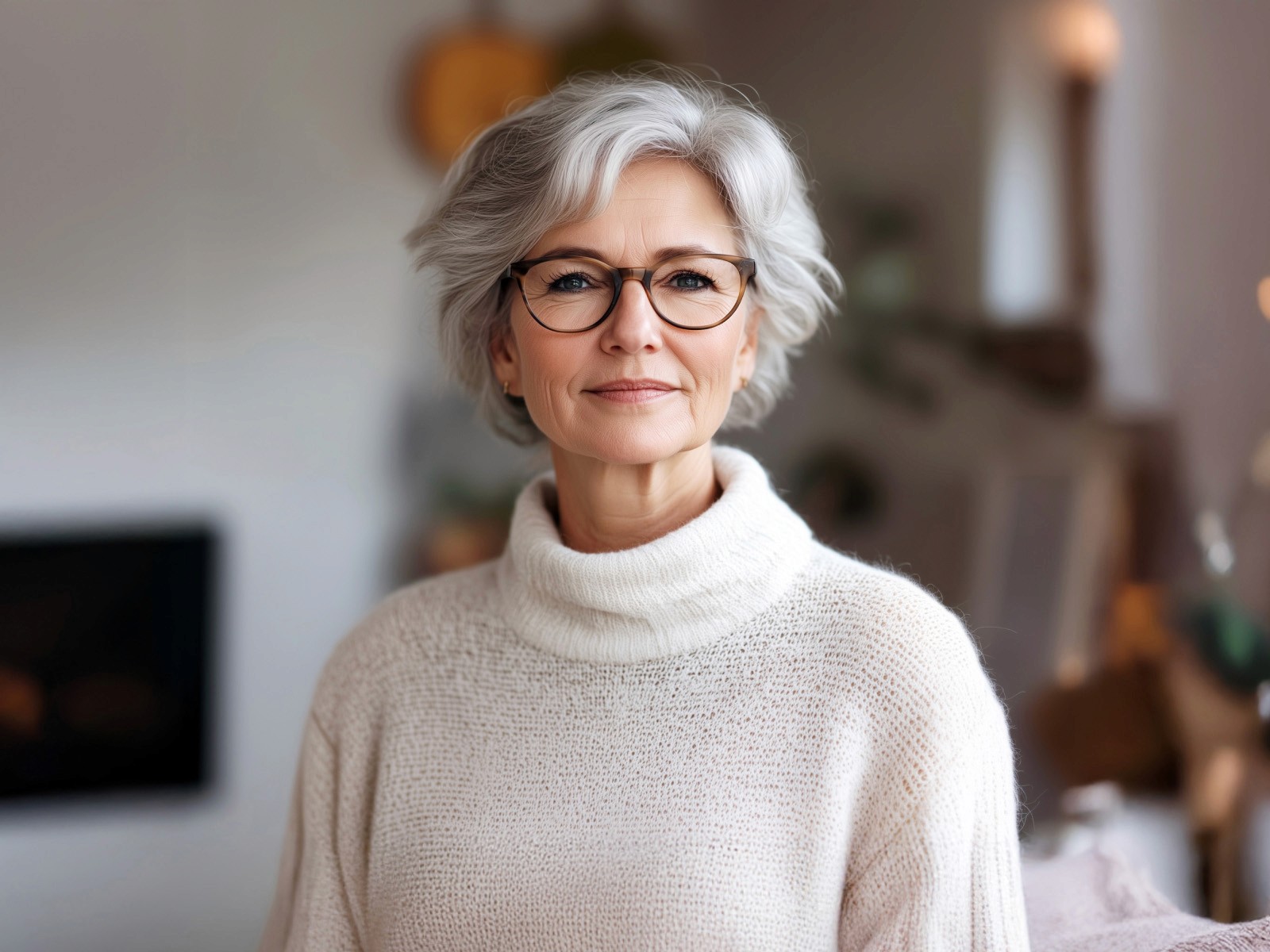 Portrait of a confident older woman with short gray hair and glasses, wearing a cream knit sweater.