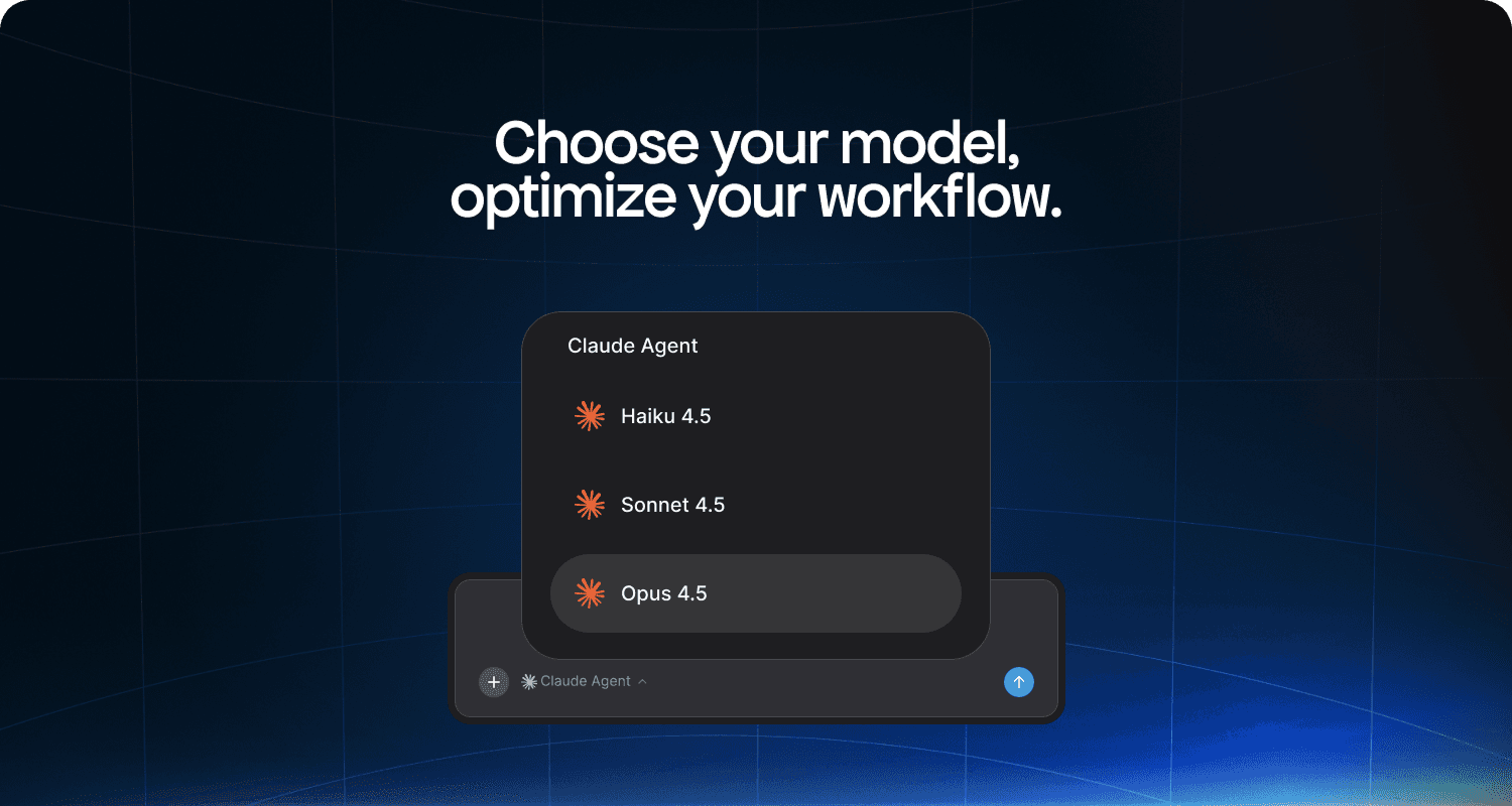 Text reads "Choose your model. Optimize your workflow." Below is a screengrab of the Claude agent and model selector. 