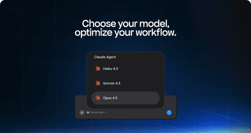 Text reads "Choose your model. Optimize your workflow." Below is a screengrab of the Claude agent and model selector.