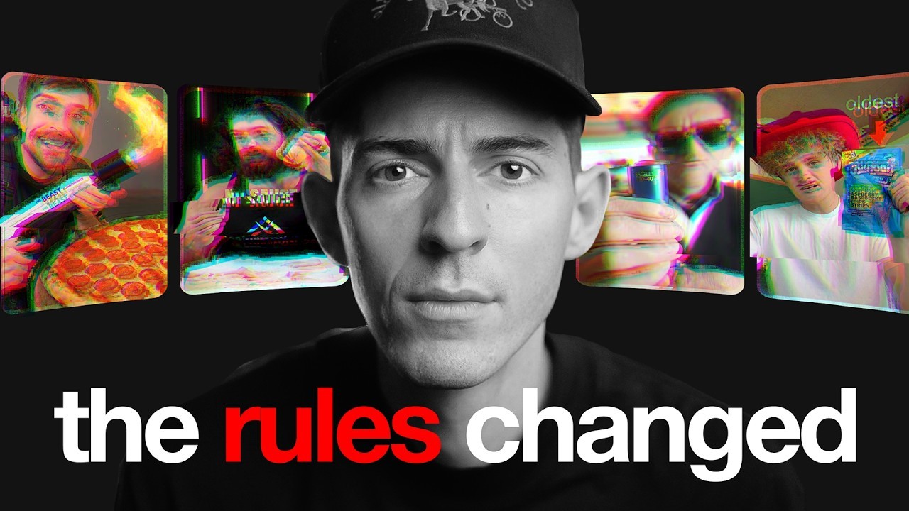 KallawayMarketing-style content reset thumbnail with monochrome creator and glitchy colorful thumbnail cards