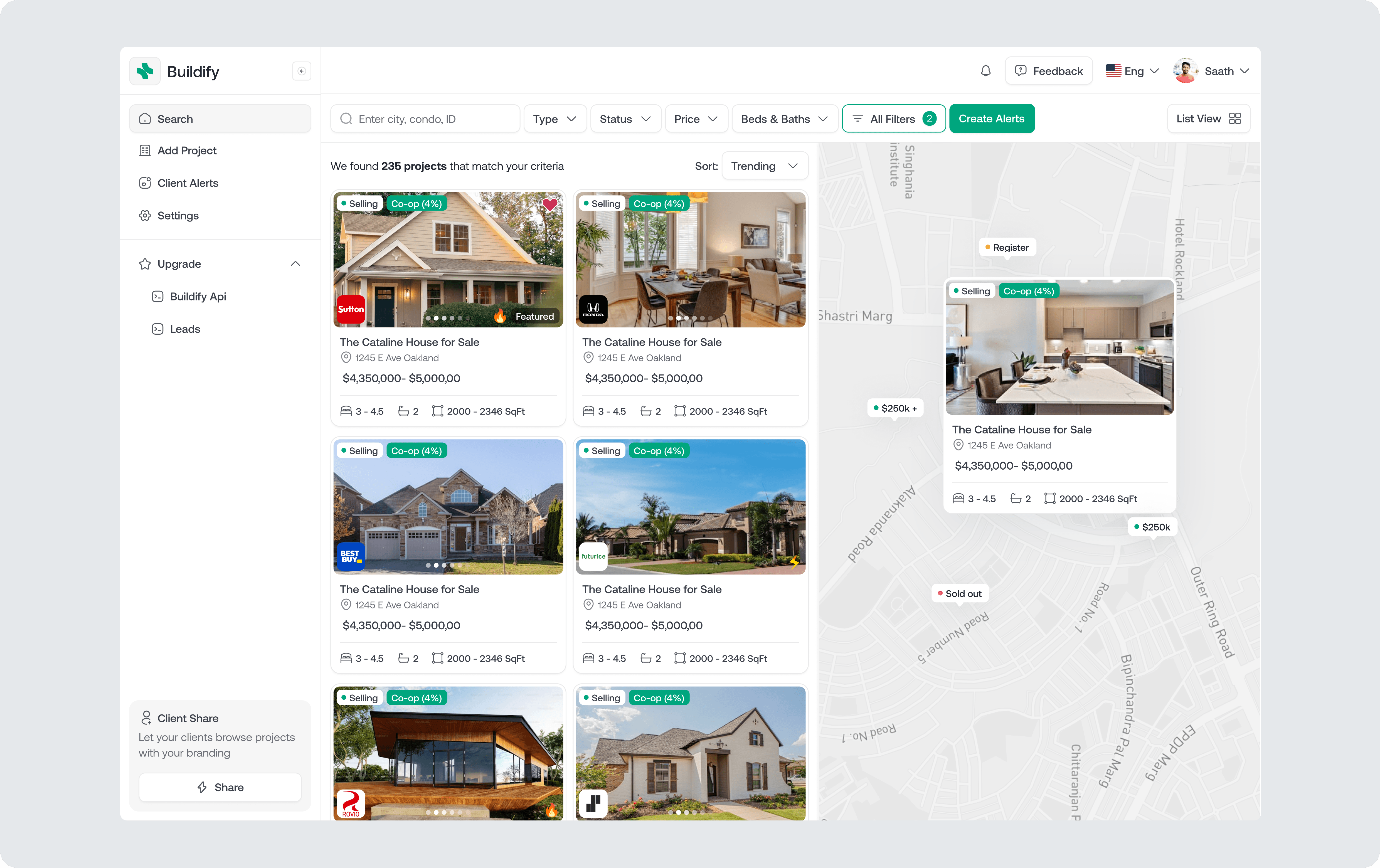 Listing grid and map view interface for pre-construction properties showing property cards, filters, pricing, status tags, and interactive location map.