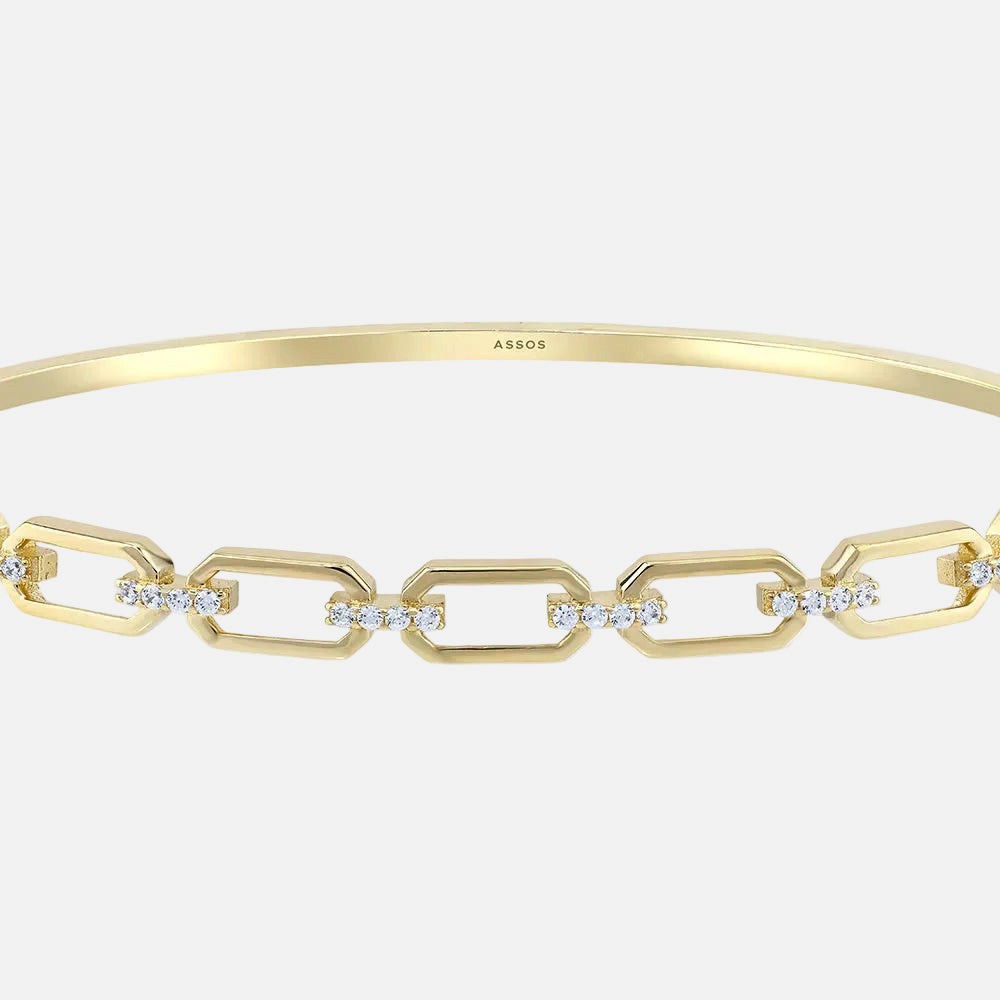 Assos 14 Ayar Sarı Altın Taşlı Zincir Desenli Kelepçe Bilezik