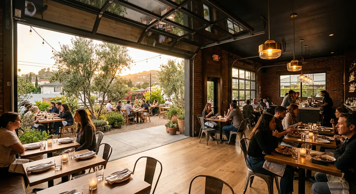 Bustling indoor-outdoor restaurant dining room with large roll-up garage door opening to a gravel garden patio at sunset.