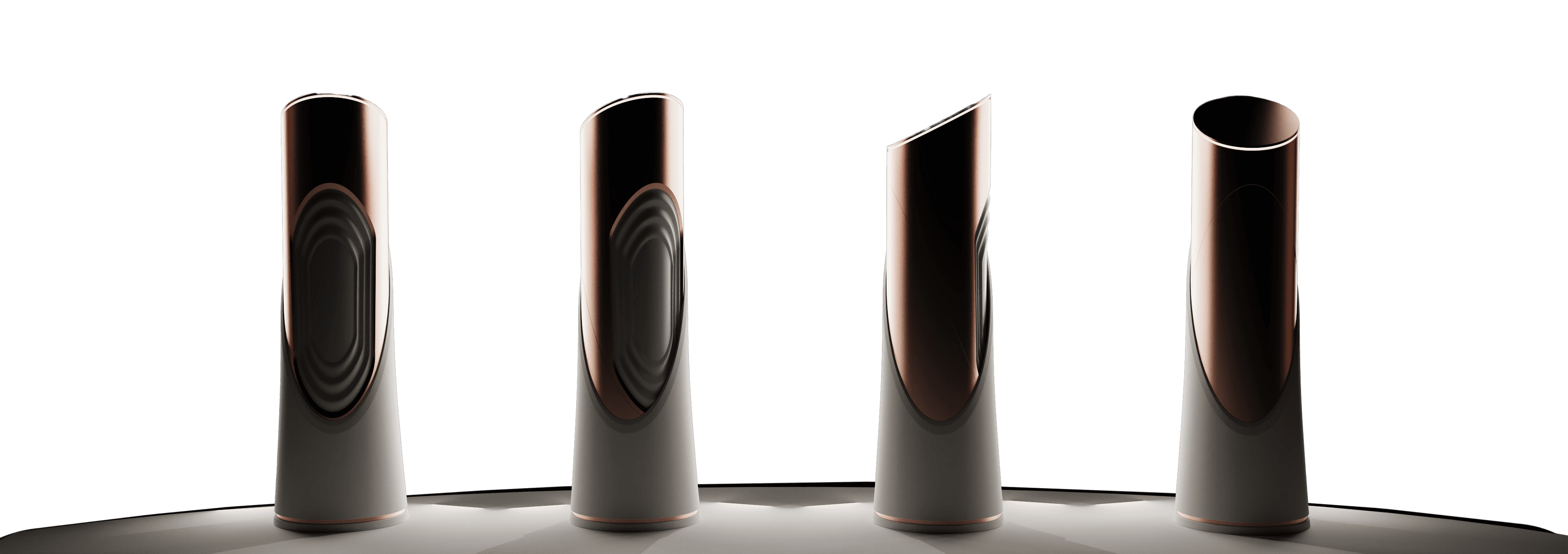Four snapshots showing the different rotation stages of the Eclipse product in a matte rose aluminum finish, on a transparent background, standing on a white surface.
