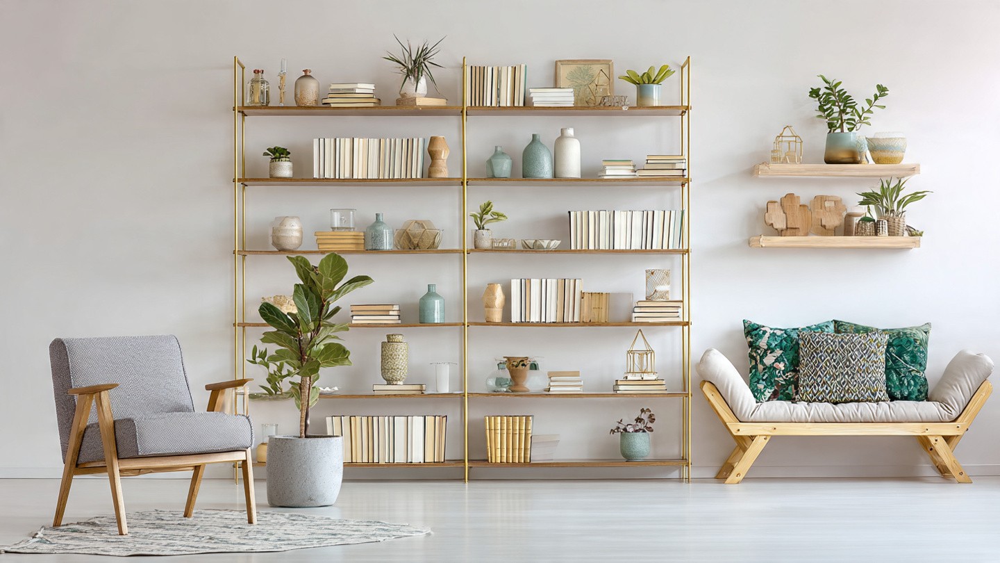 A minimalist living room with a wooden shelf filled with books, potted plants, and vases. A gray armchair and a cushioned bench add a cozy, serene feel.