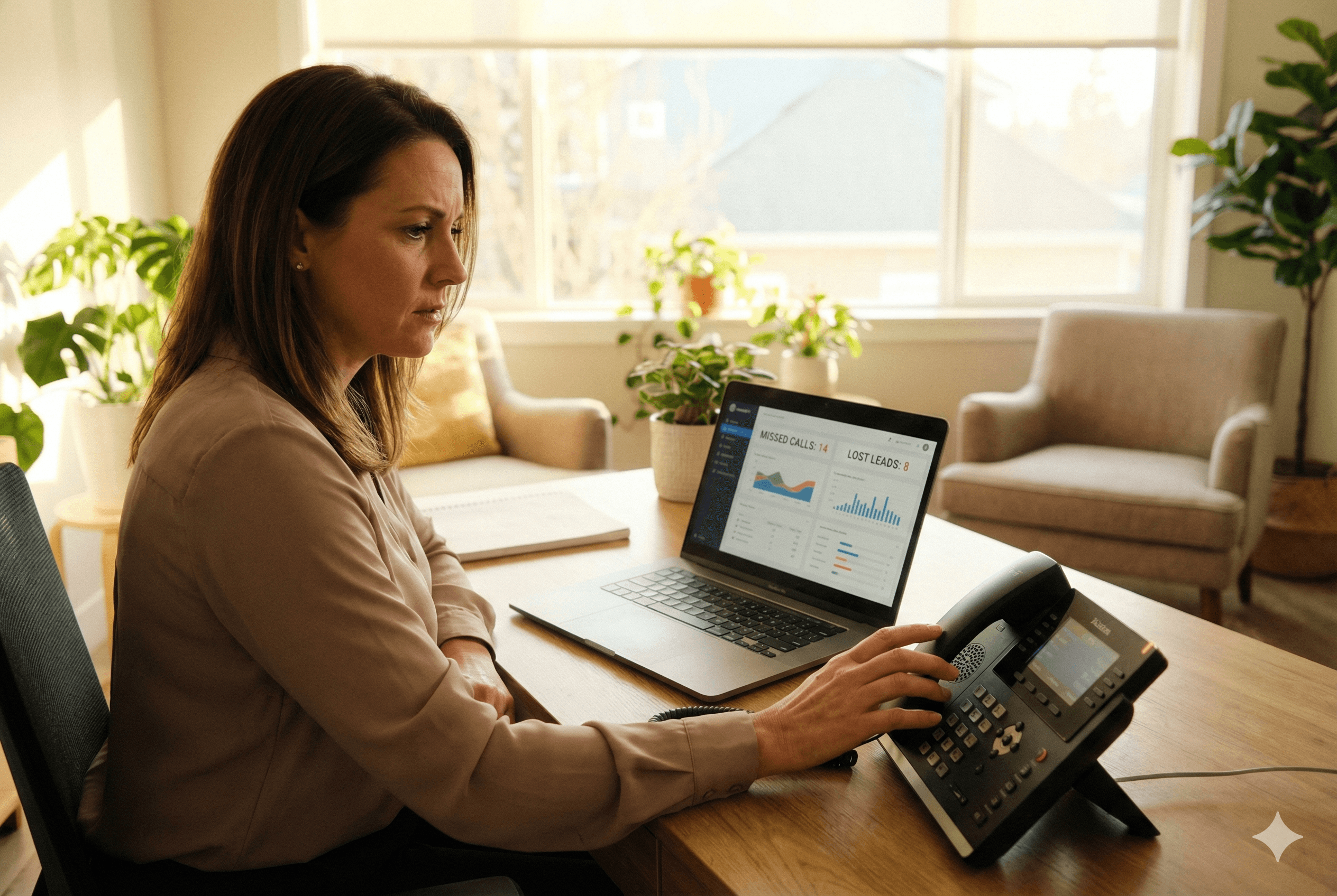 A woman in her early 40s sits at a wooden desk in a sunlit, modern office, looking concerned as she reaches for a ringing black desk phone. Her laptop is open, displaying a business dashboard with clear text and charts highlighting "Missed Calls" and "Lost Leads."