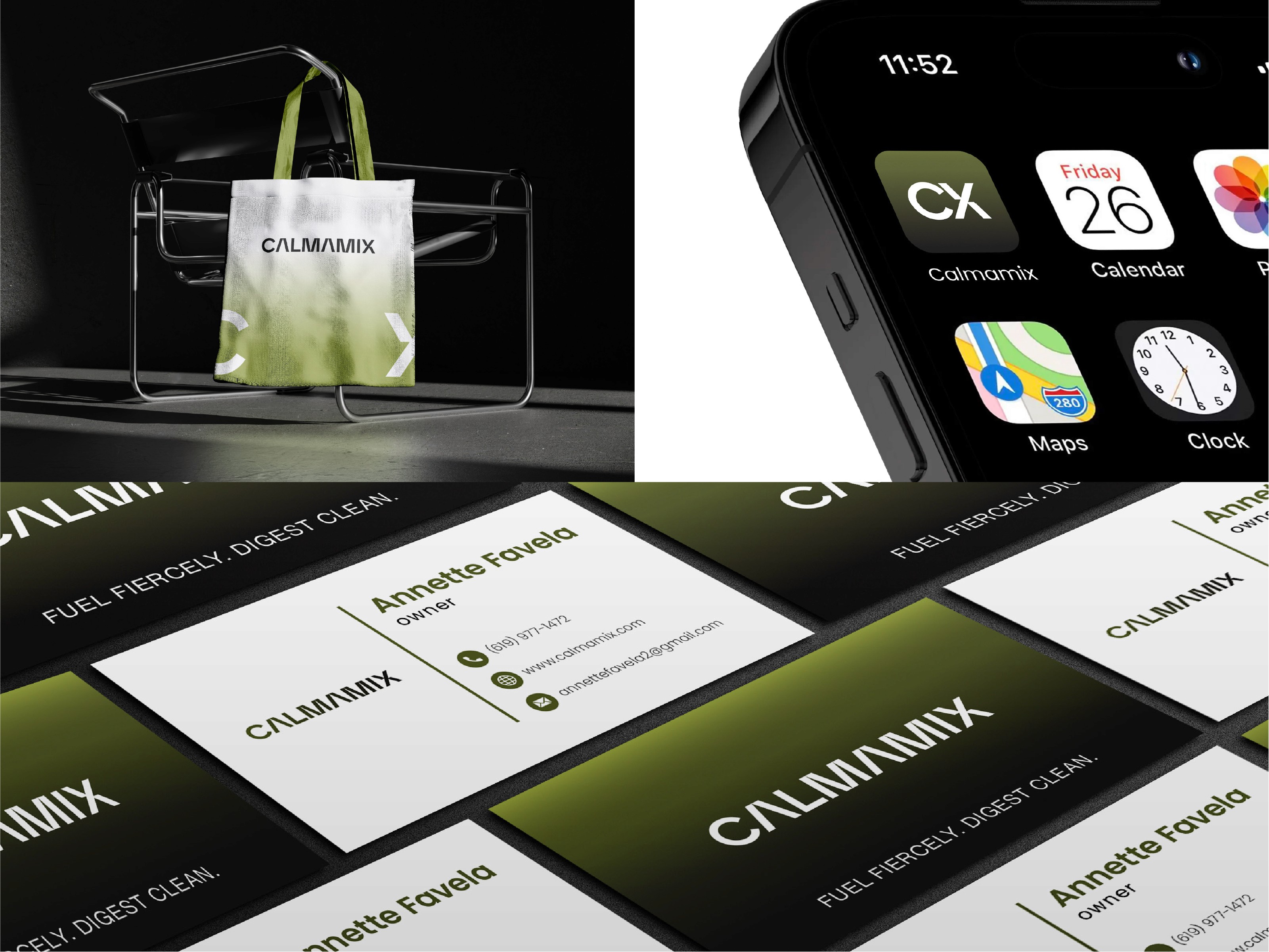 mock ups of calmamix canvas bag, app icon, and business cards