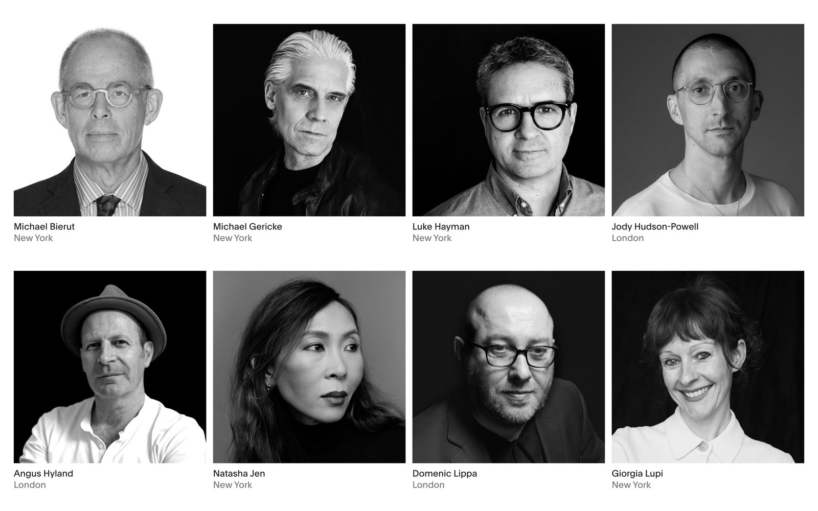 Black and white portraits of eight individuals with names and locations: Michael Bierut, Michael Gericke, Luke Hayman, Jody Hudson-Powell,...