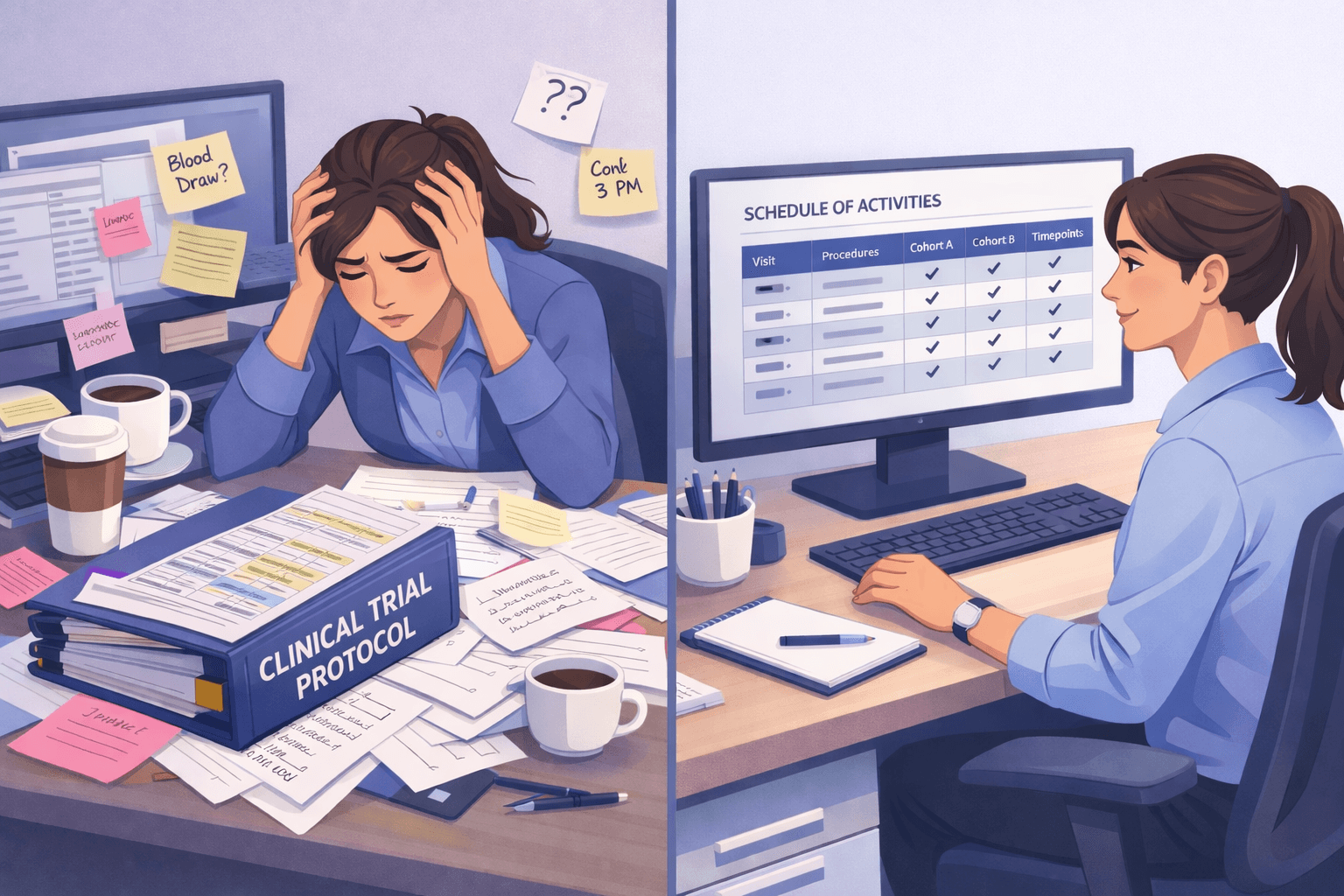 Focused clinical researcher analyzing data on a screen, symbolizing ethical oversight and regulatory awareness in AI-powered clinical trials.