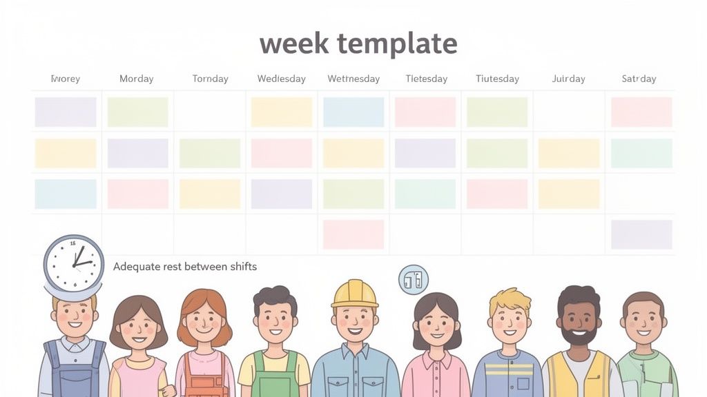 A colorful weekly schedule template with a grid, diverse cartoon workers, and a clock emphasizing rest between shifts.