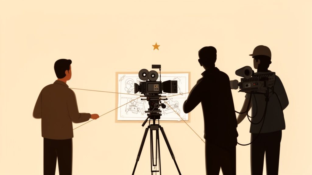 A film crew collaborating on a project, with cameras, a blueprint, and connecting lines.