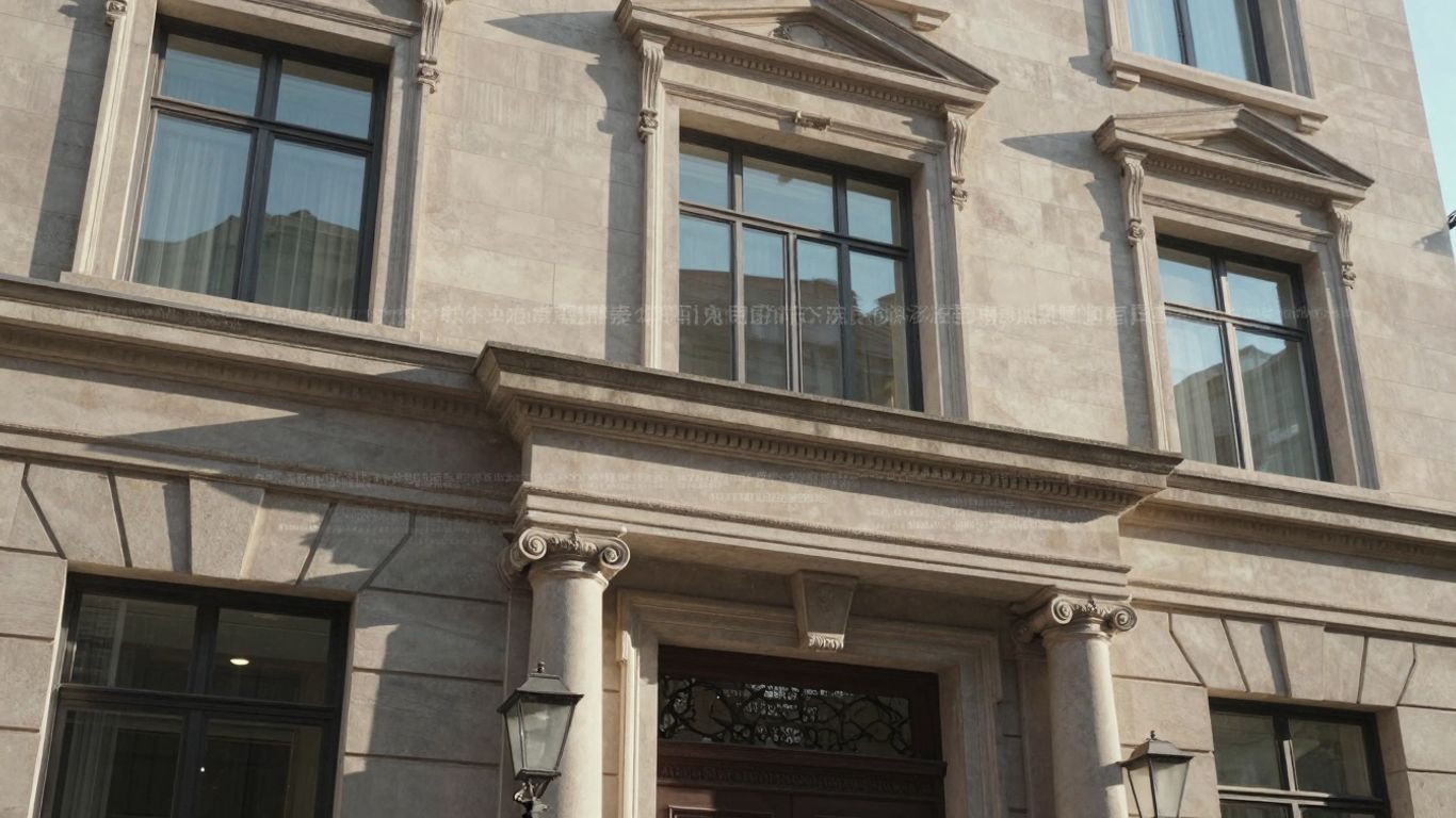 Real estate facade with subtle legal disclaimer overlay.