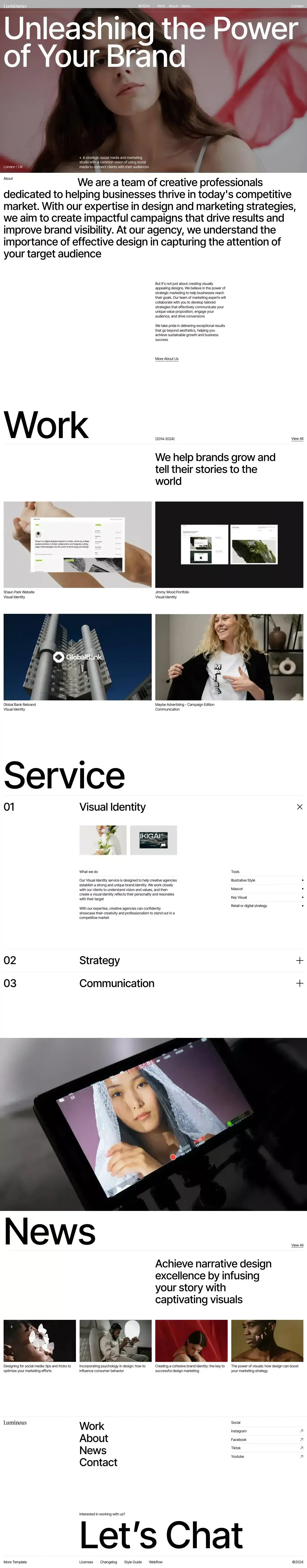 Luminous - Webflow HTML website template portfolio page screenshot showcasing Design and Tech design