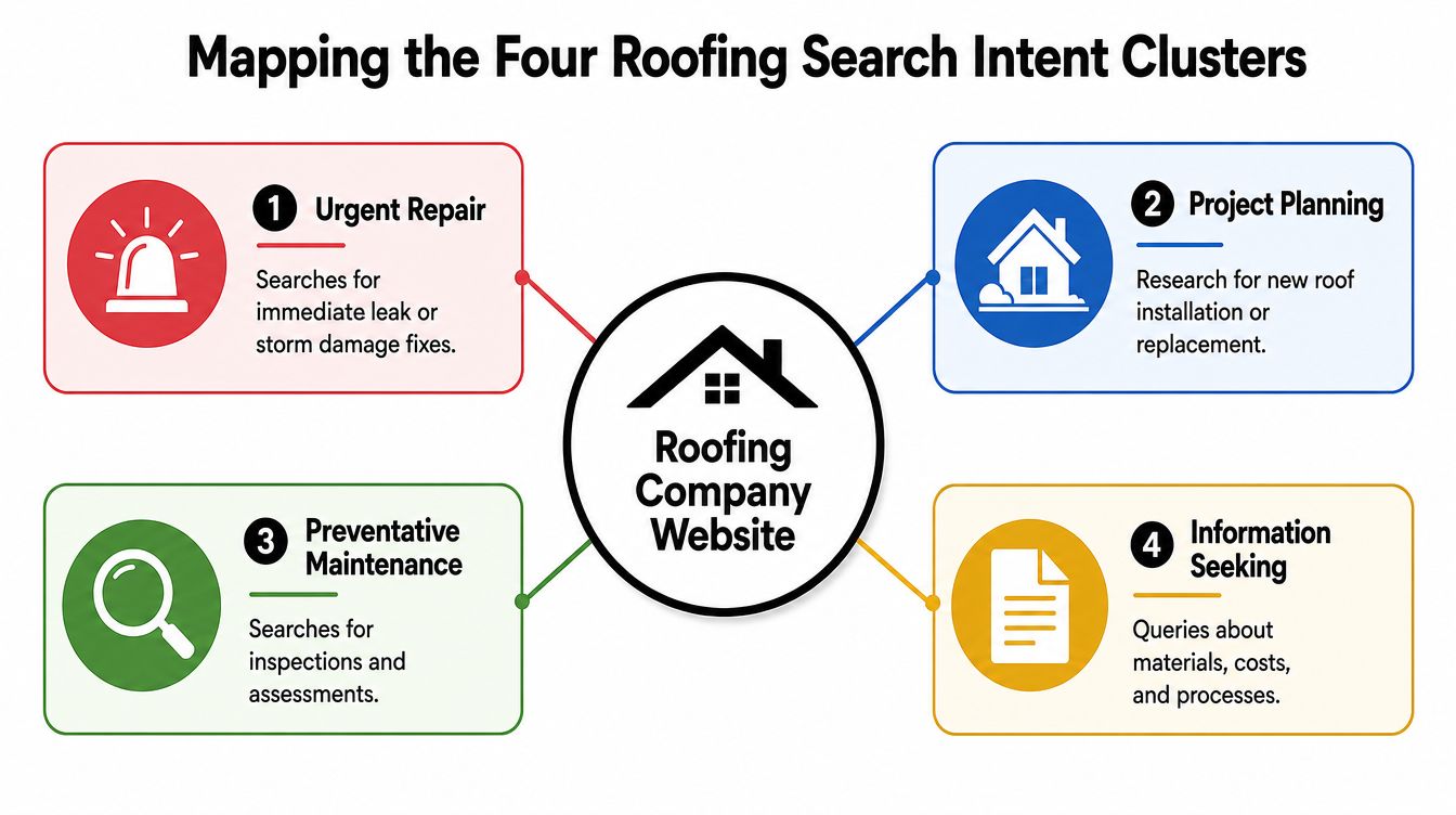 A diagram mapping four roofing search intent clusters leading to a central roofing company website.