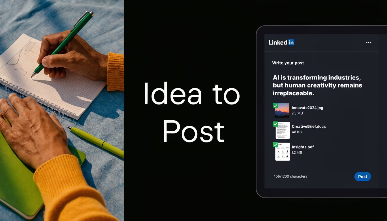 A person writing in a notebook next to a digital tablet displaying a LinkedIn post editor.
