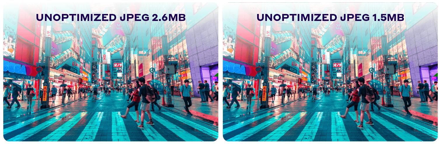 Unoptimized and optimized images showing different size but same visual quality for the naked eye