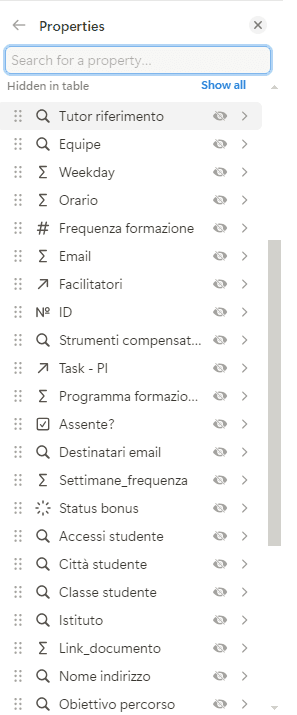 Proprietà del database eventi