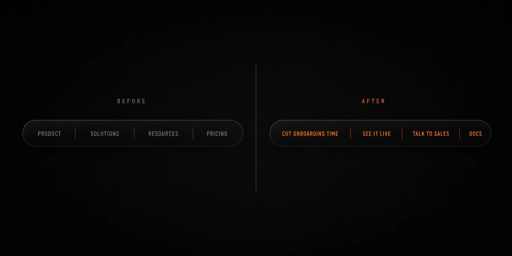 Before and after navigation menu redesign, from Product Solutions Resources Pricing to buyer specific labels in orange