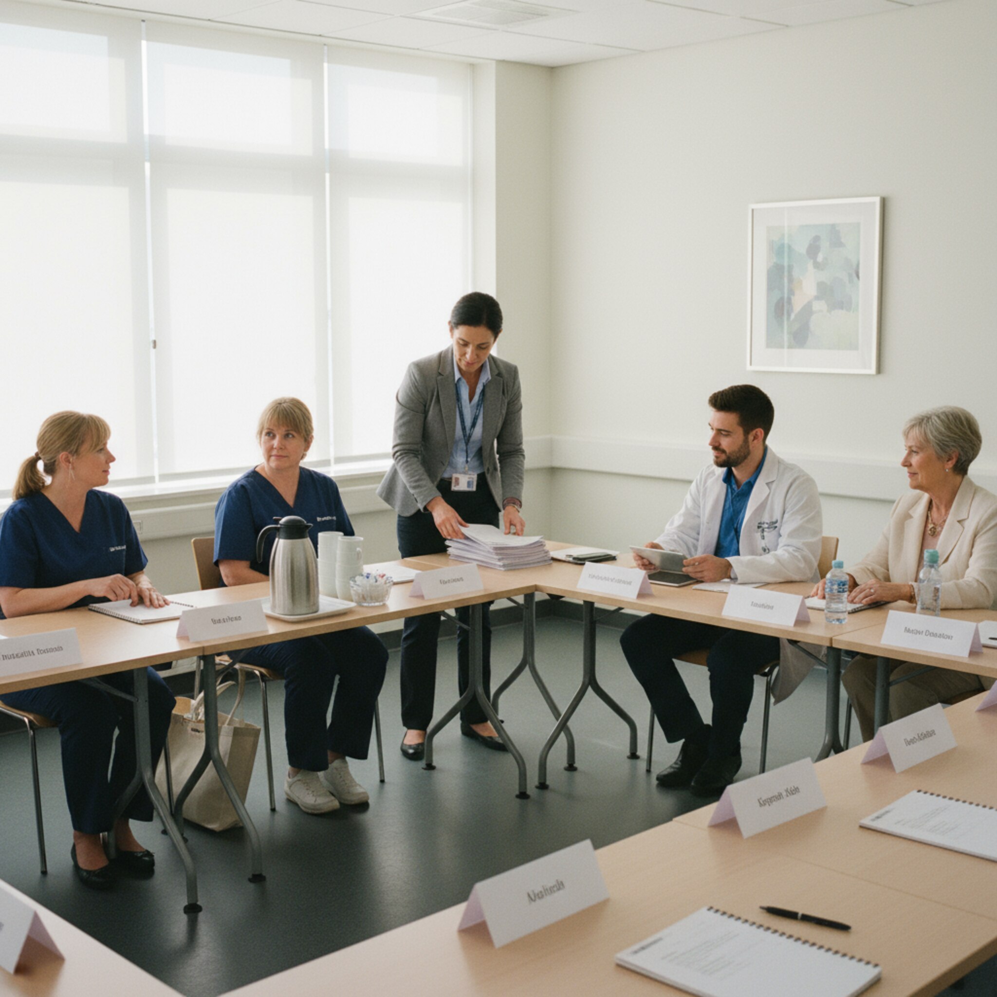 Ein Seminarraum mit Tischen in U-Form, sauber platzierten Namensschildern und einer Kaffeekanne auf einem Sideboard. Ein Trainer sortiert Unterlagen, während Teilnehmende leise eintreffen. Die Stimmung ist konzentriert, freundlich und bereit für die Schulung.