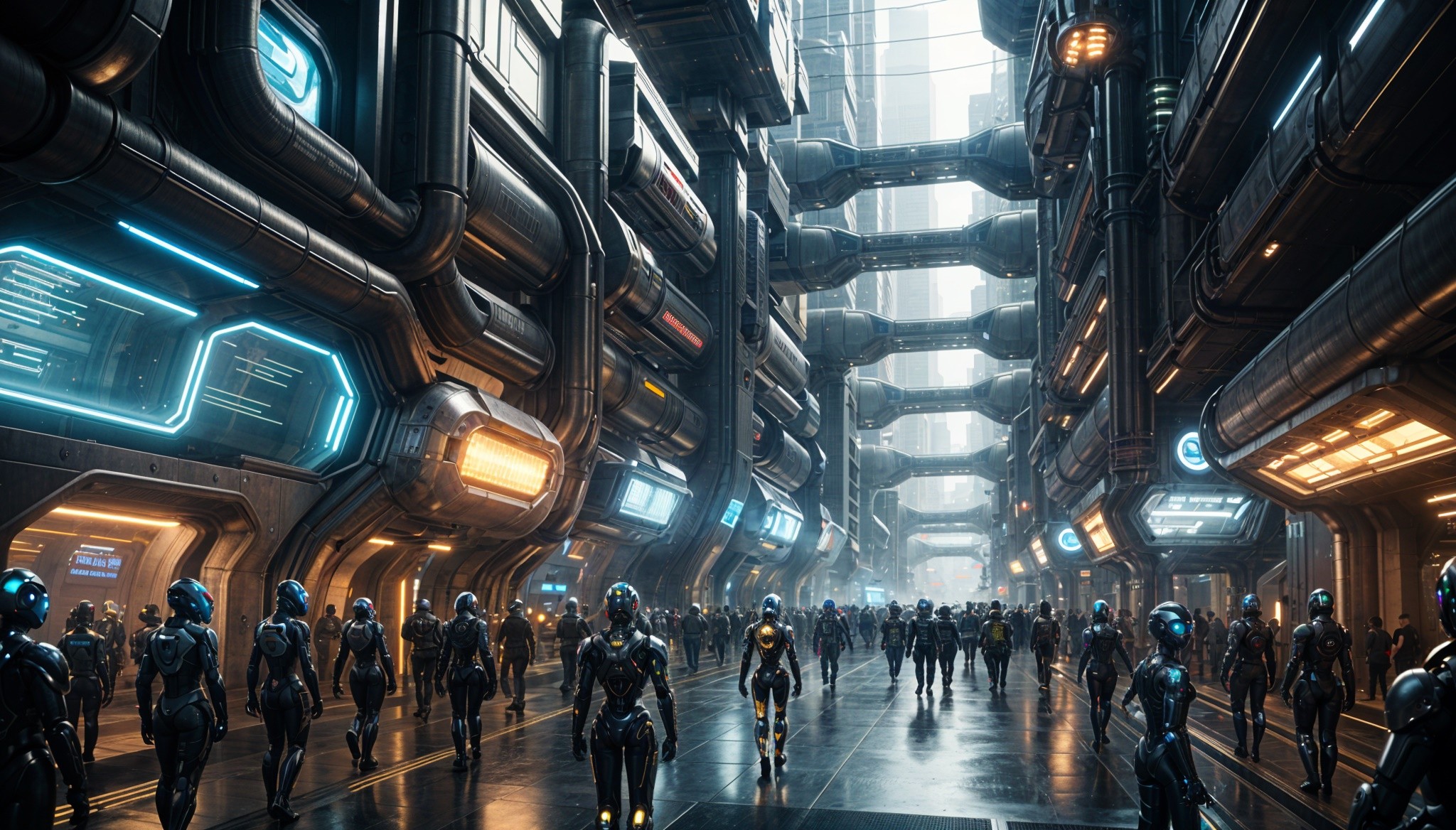 Futuristic city street, crowded with advanced robots, surrounded by high-tech metallic walls with illuminated panels and large structures, creating a busy, industrial sci-fi atmosphere.