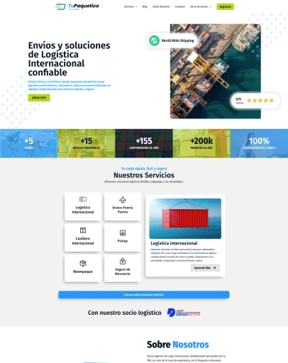 TuPaquetico international shipping and logistics website, full-page design