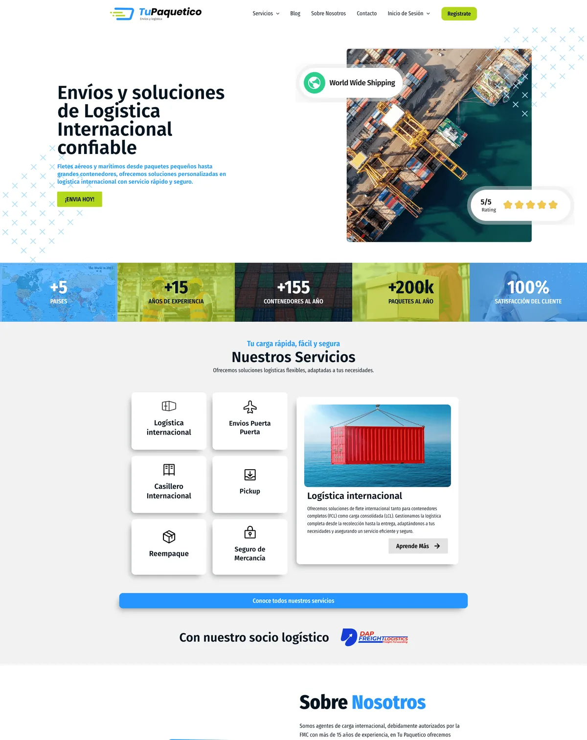 TuPaquetico international shipping and logistics website, full-page design