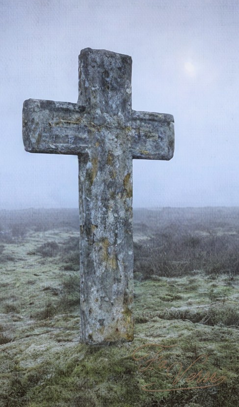Sacred artwork by Faith and Verse. © Faith and Verse, 2025. All rights reserved. An ancient weathered stone cross standing in the misty lowland countryside—the landscape of the medieval Low Countries where Dymphna's cult took root at Geel, where her witness inspired centuries of compassionate care for those struggling with loss of reason.