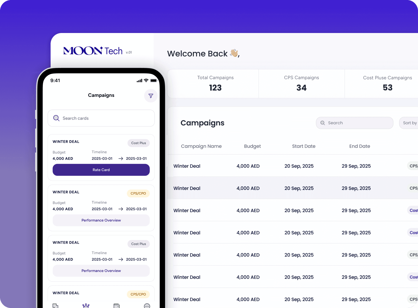 Campaign dashboard showing campaign list with budgets and date ranges