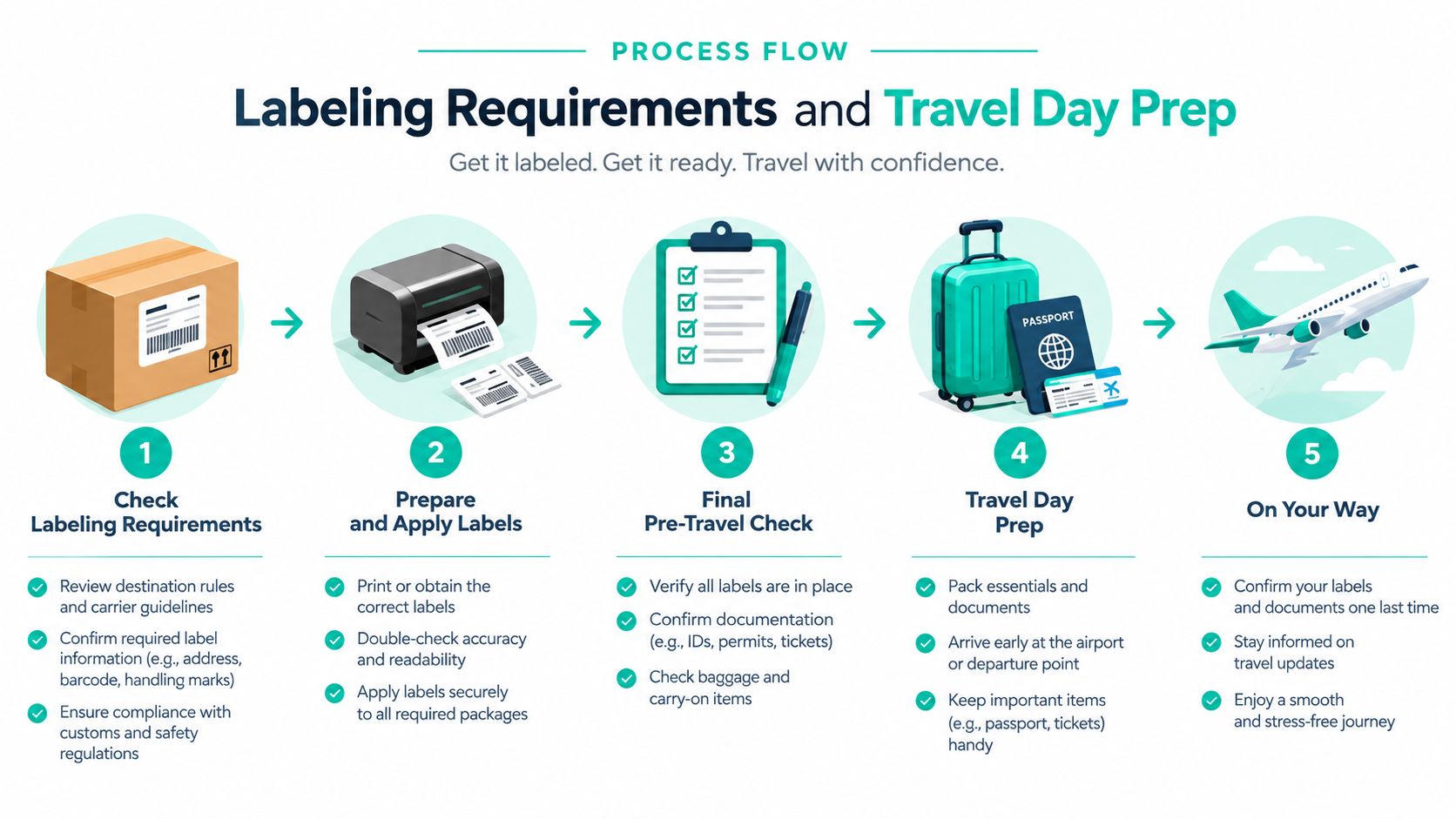 An infographic showing a five-step process for proper package labeling and travel preparation for shipments.