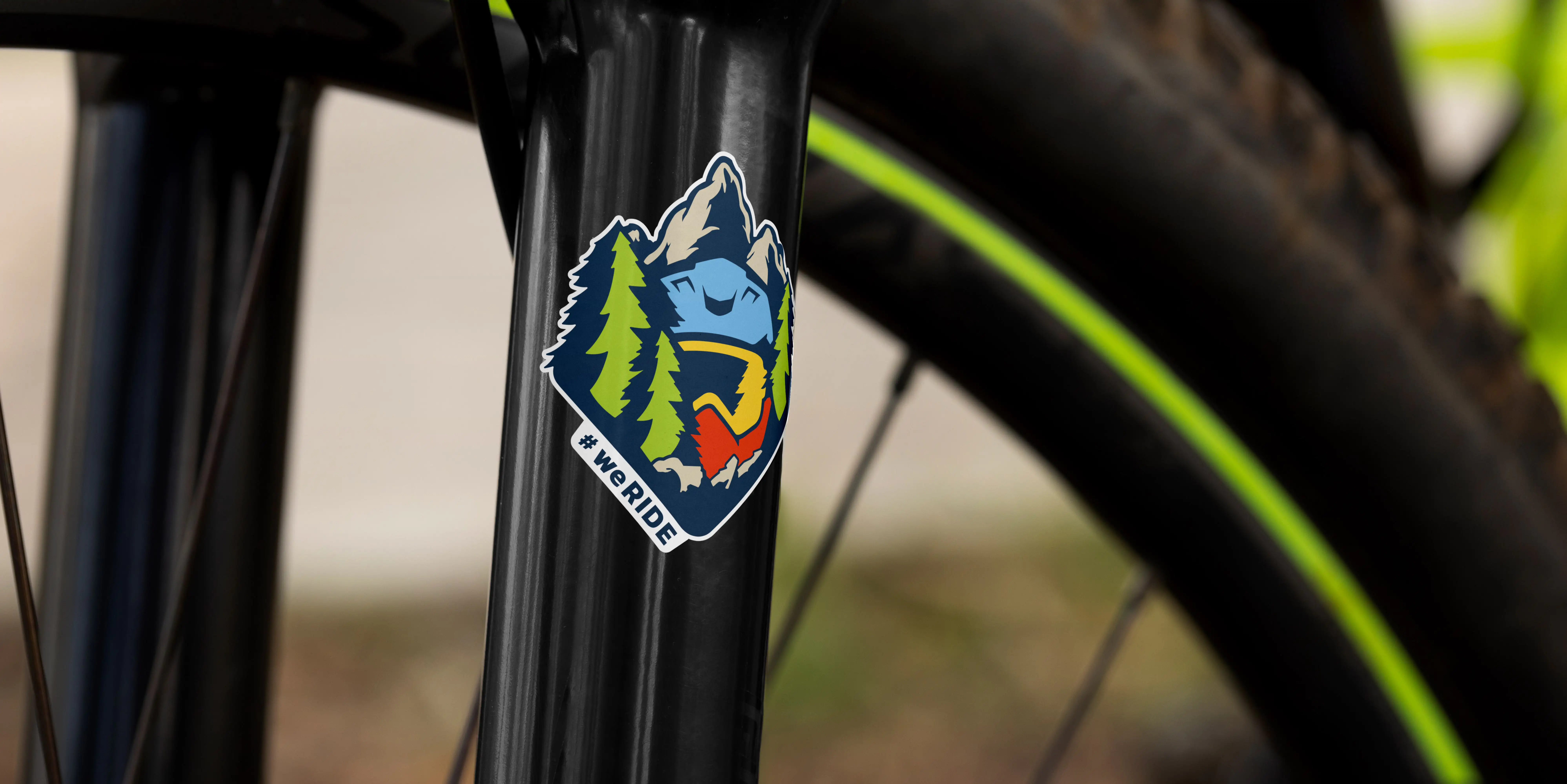 Close-up bike mockup with WERIDE sticker on the bicycle fork