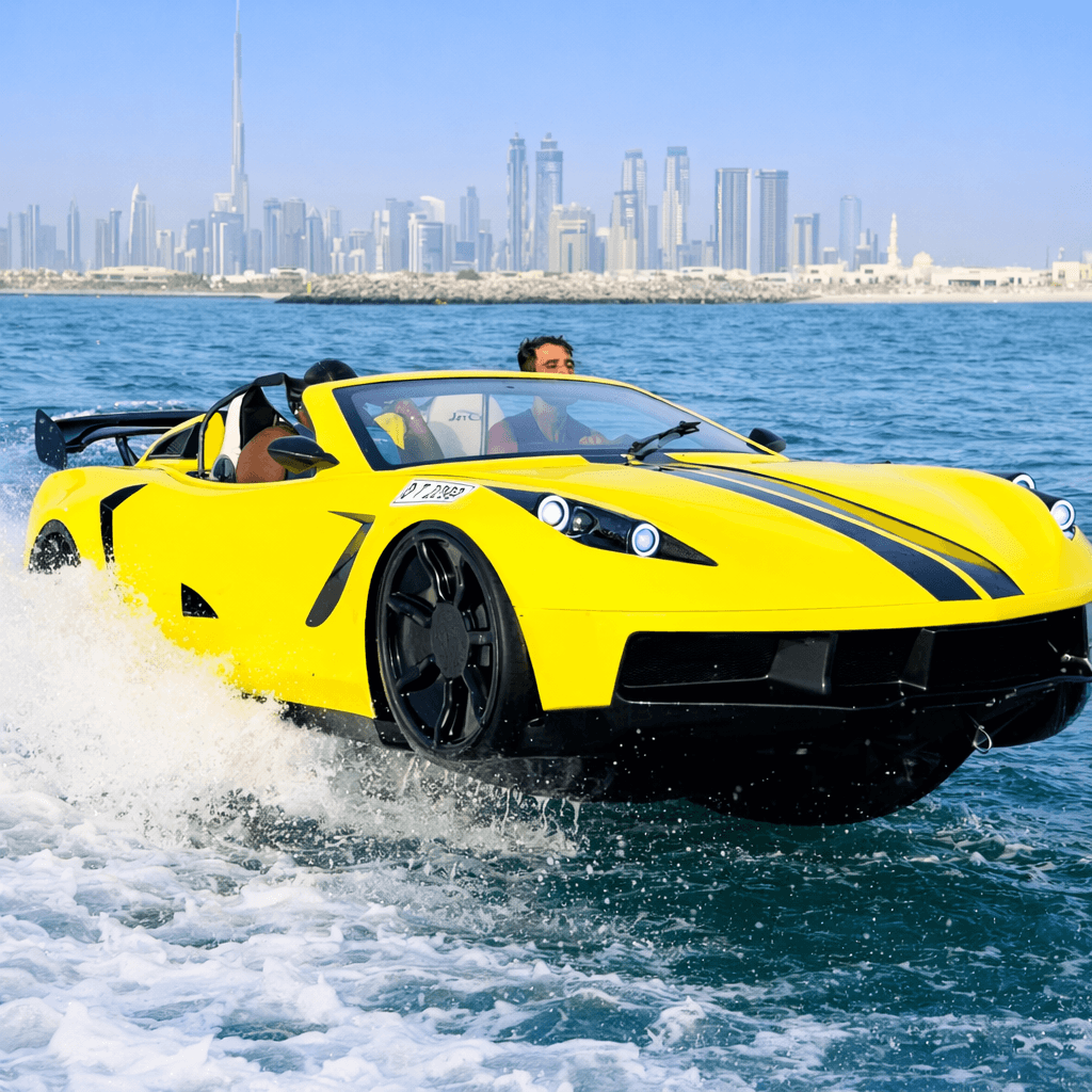 A man drives a Jet Car across the waves, with a view of the skyline in the background.