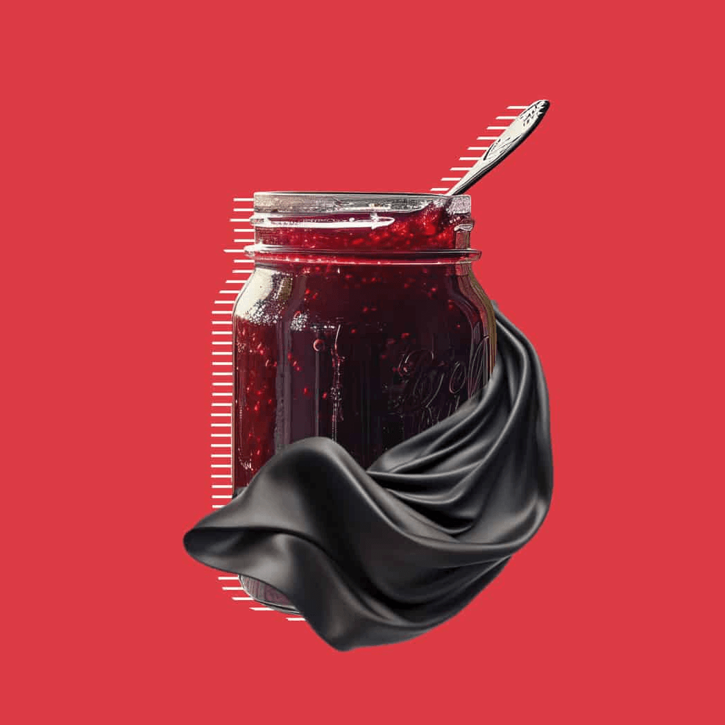 Frasco de mermelada roja con cuchara sobre fondo rojo y tela negra.