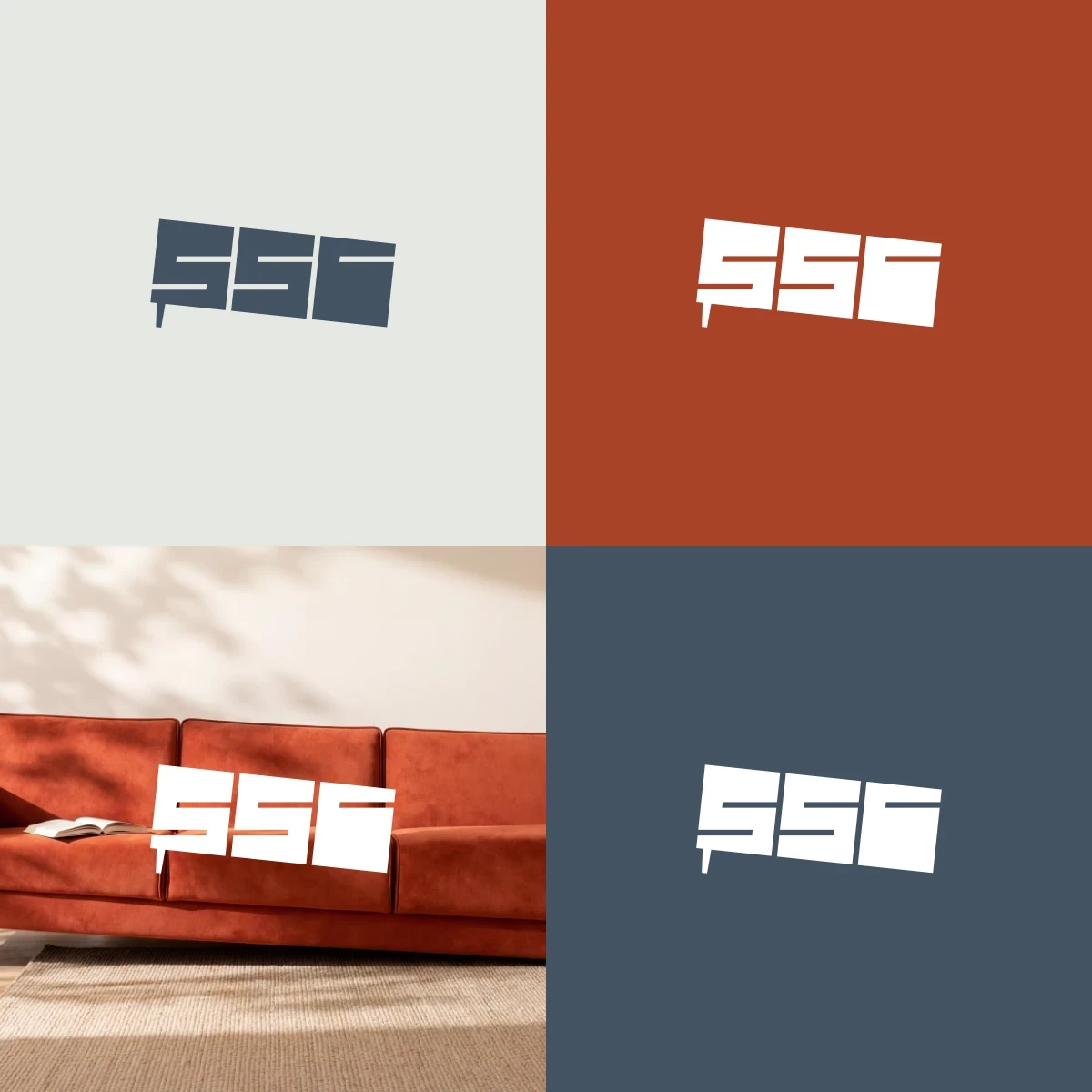 Logo-Variationen der Sunken Sofa Company in verschiedenen Corporate Identity Farben wie Rostrot, Schieferblau und Creme.
