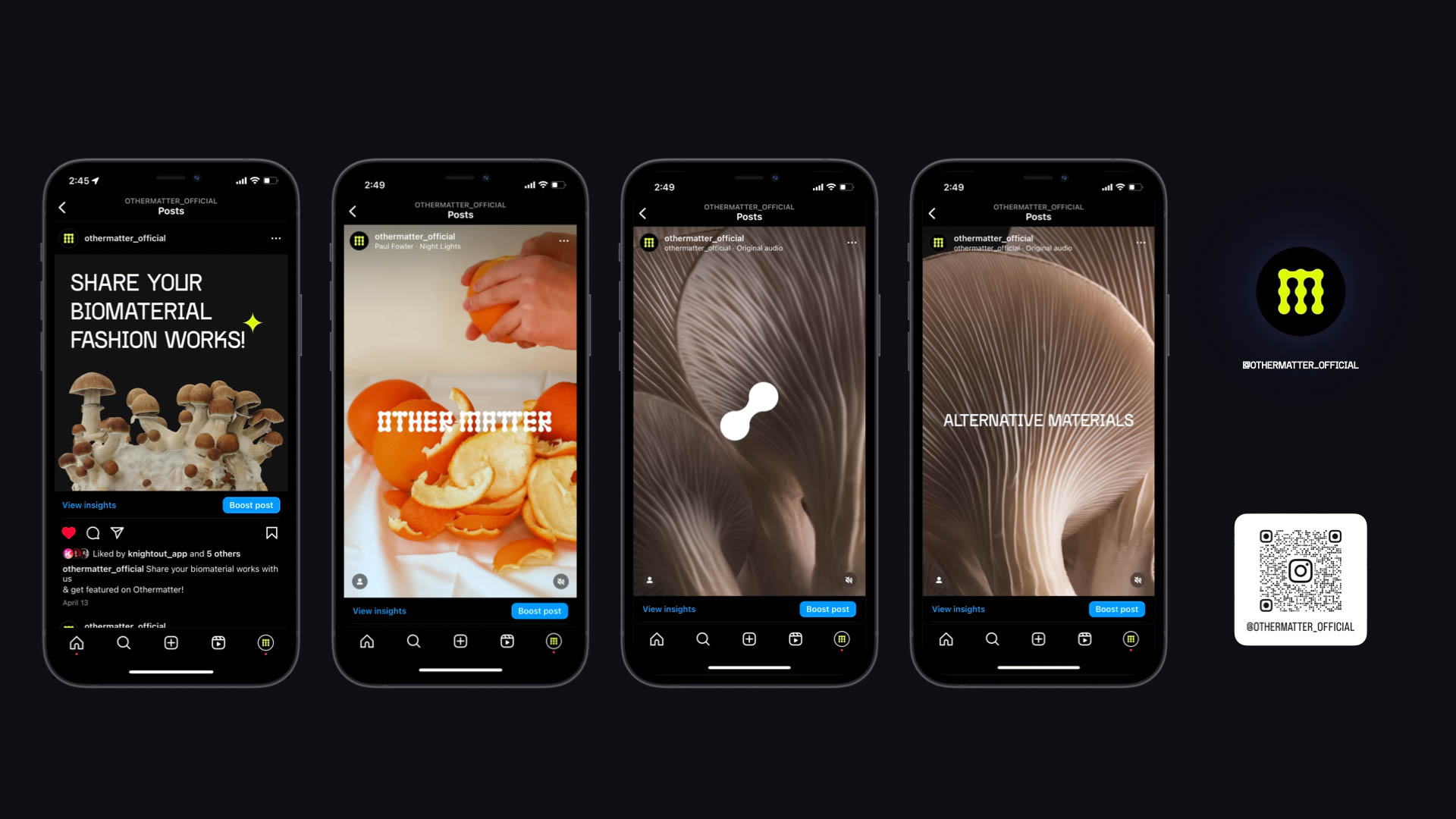 Four smartphones display different content: a black background with white text reading “SHARE YOUR BIOMATERIAL FASHION WORKS!”, a close-up of mushrooms, a person holding an orange slice, and a close-up of mushrooms with text “ALTERNATIVE MATERIALS”. A QR code labeled “@THERMOFACTOR.OFFICIAL” is positioned to the right. A yellow logo with a “M” symbol is visible in the top right corner.
