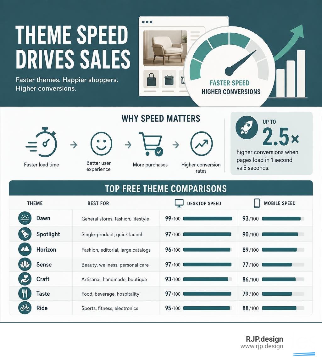 Infographic showing how theme speed impacts Shopify conversion rates with top free theme comparisons infographic
