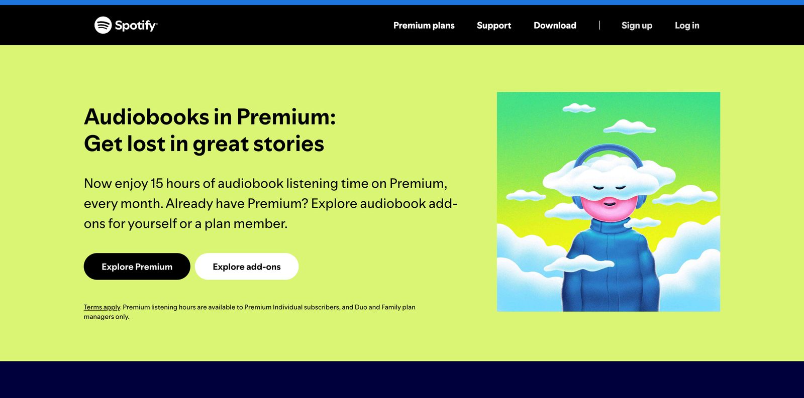 Spotify’s audiobooks page: Audiobooks in Premium, 15 hours a month