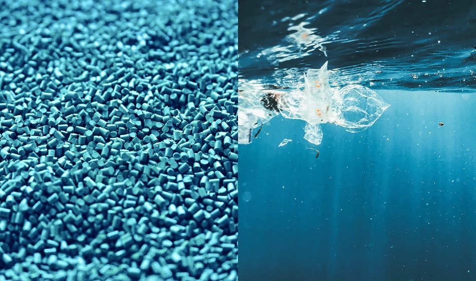 Blue rPet pellets juxtaposed to underwater ocean plastic waste