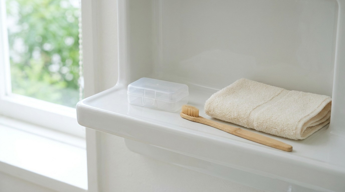 Clear storage case and toothbrush on a bathroom shelf