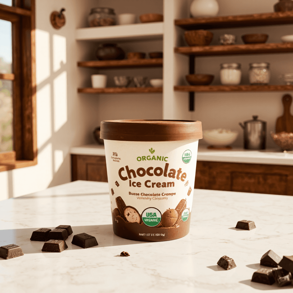 product photography of a container of organic chocolate ice cream