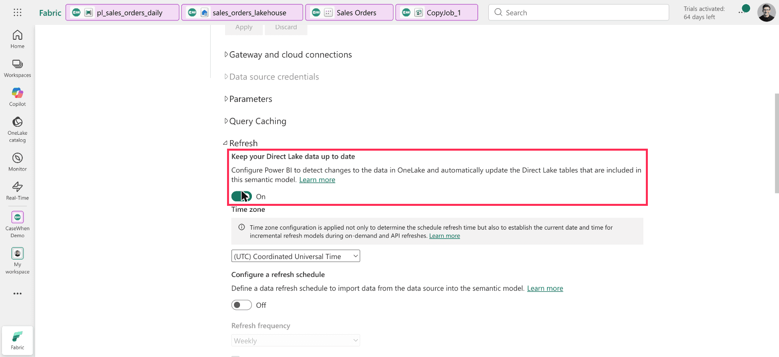 Semantic model settings, Refresh section, with the toggle Keep your Direct Lake data up to date set to On, outlined, and Configure a refresh schedule set to Off