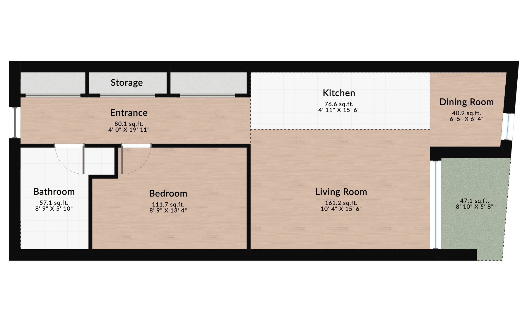 One-bedroom apartment floor plan featuring a living room, bedroom, kitchen, dining room, bathroom, entrance, storage space, and a small outdoor area.